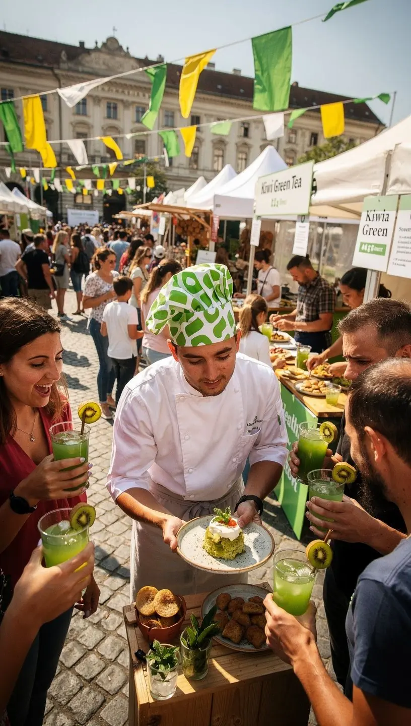 Zöld tea és kiwi frissítő keveréke, élénk színű italban.
