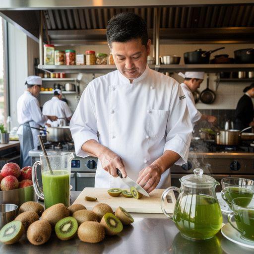 Fuzzy gyümölcsök egy tálban, zöld tea mellett, ínycsiklandó kombináció.
